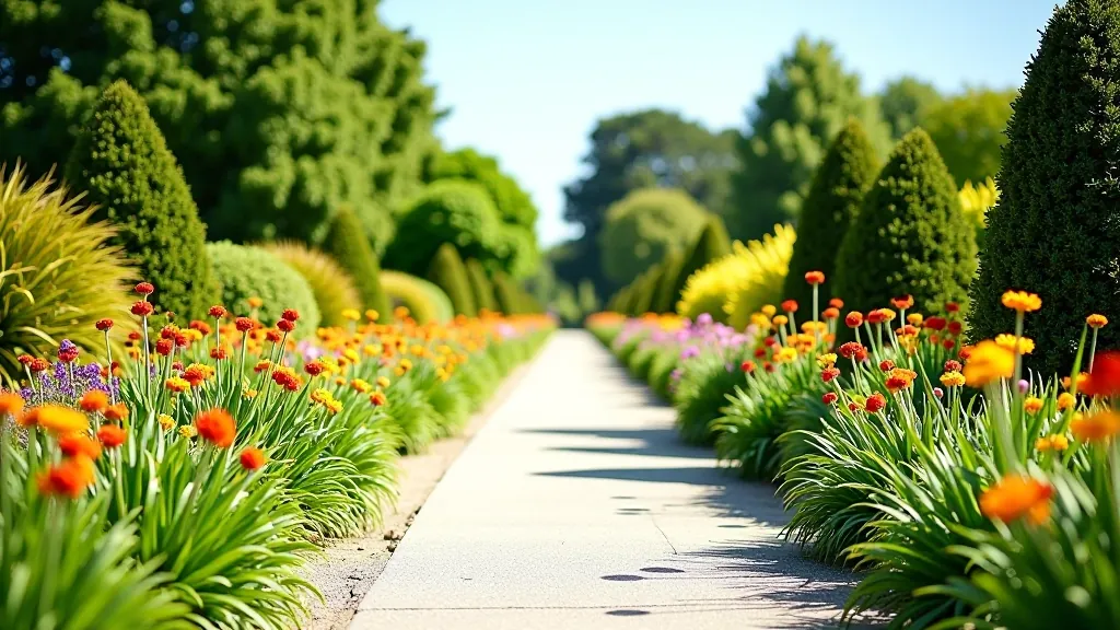 Wide paved garden pathway lined with colorful perennial borders and flowering shrubs