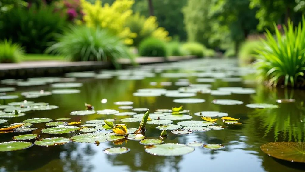 Scenic garden pond with water features, surrounding plantings, and stone pathways