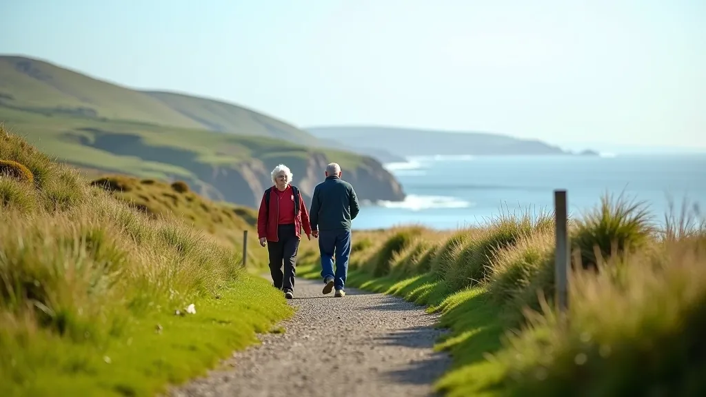 Scenic coastal pathway in County Kerry with mountain backdrop