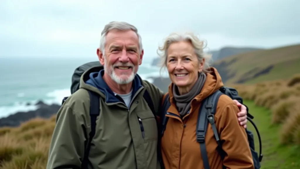 Senior couple hiking on coastal trail, clear weather, ocean views, comfortable hiking attire, portable chairs nearby
