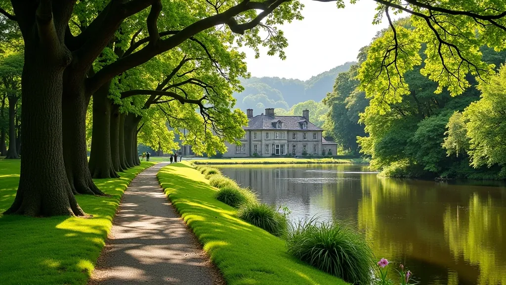 Muckross House surrounded by oak trees, serene lake in background, paved walking path, clear weather