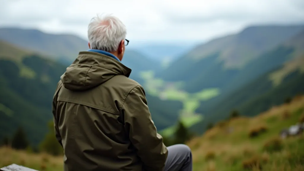 Hiker resting on wooden bench at scenic mountain overlook point in Wicklow National Park