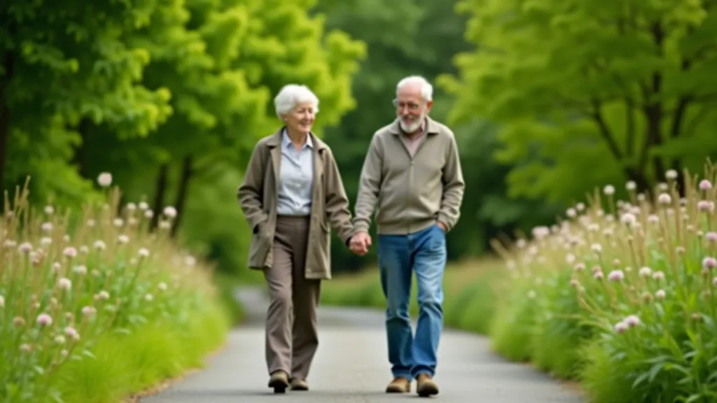 Seniors enjoying a peaceful walk through an Irish park with trees and flowers