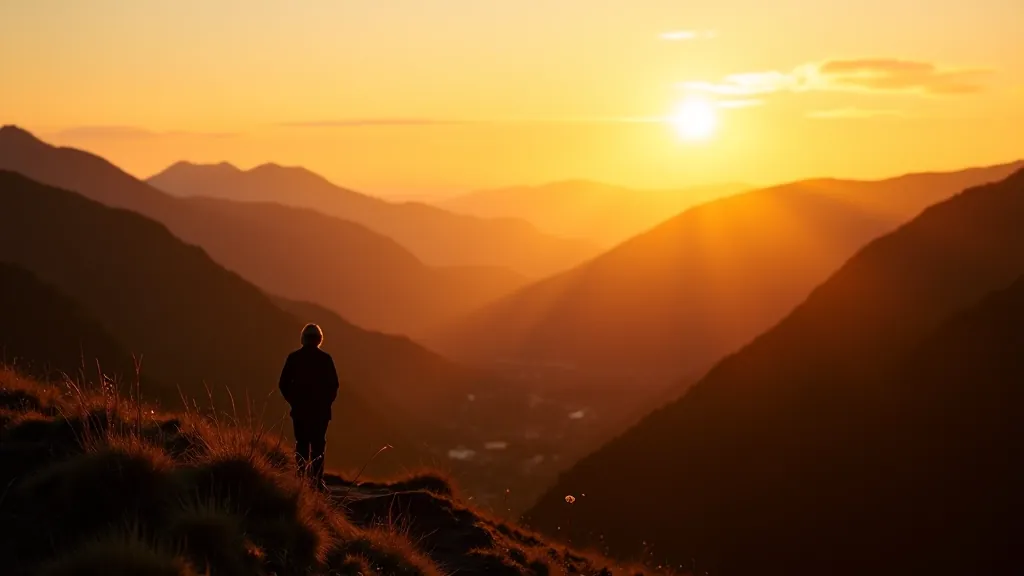 Golden hour sunset lighting mountain landscape at Wicklow National Park with silhouetted peaks and warm glow