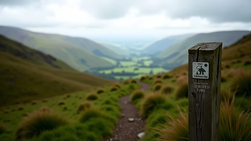 Wicklow mountain valley with gentle slope trail and hiking signpost marking accessible route