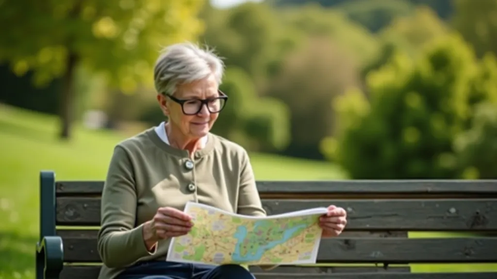 Senior woman reviewing a detailed park guide while sitting in an Irish park